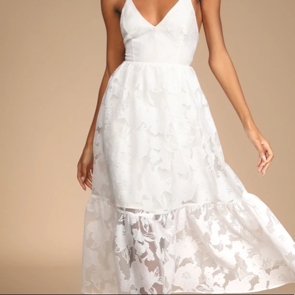 ❤️ Lulus Feeling Like Forever White Jacquard Organza Lace-Up Midi Dress - Picture 9 of 16